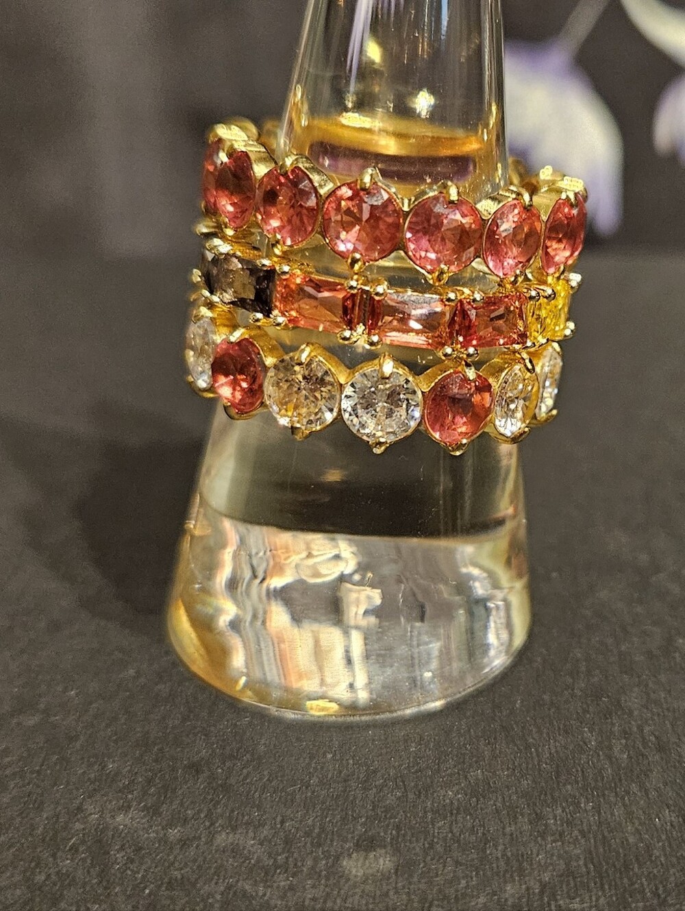 Gold-Plated Pink & Clear Crystal Stackable Rings